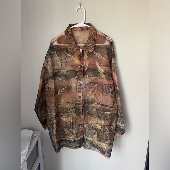 Golden Idol Vintage Silk Oversize Blouse with Tigers and Leopards Size Large - Picture 1 of 9